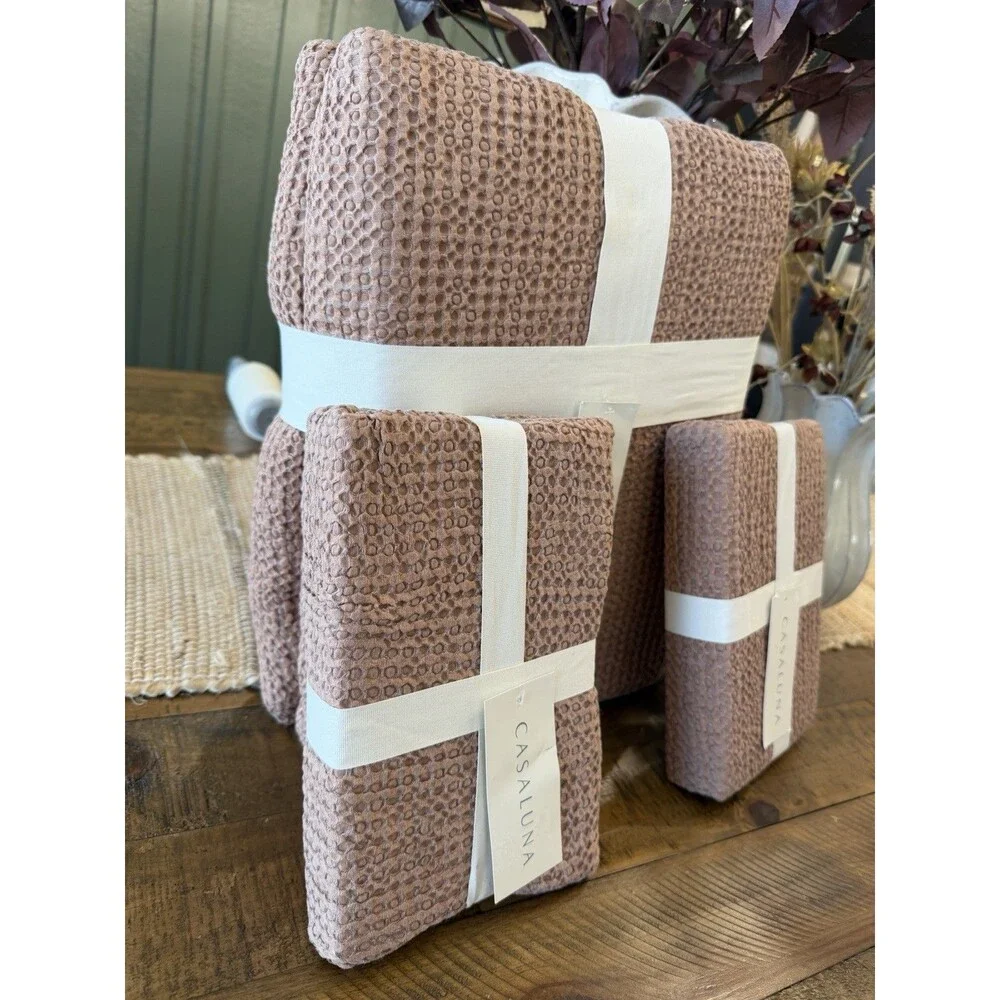 SET King Textured Waffle Coverlet & 2 Euro Shams Brown - Casaluna NEW